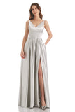 Silver A-Line V-Neck Long Bridesmaid Dress With Slit