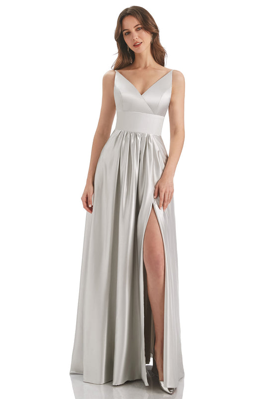 Silver A-Line V-Neck Long Bridesmaid Dress With Slit