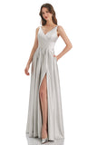 Silver A-Line V-Neck Long Bridesmaid Dress With Slit