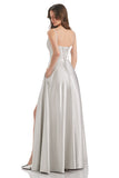 Silver A-Line V-Neck Long Bridesmaid Dress With Slit