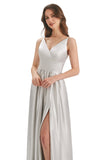 Silver A-Line V-Neck Long Bridesmaid Dress With Slit