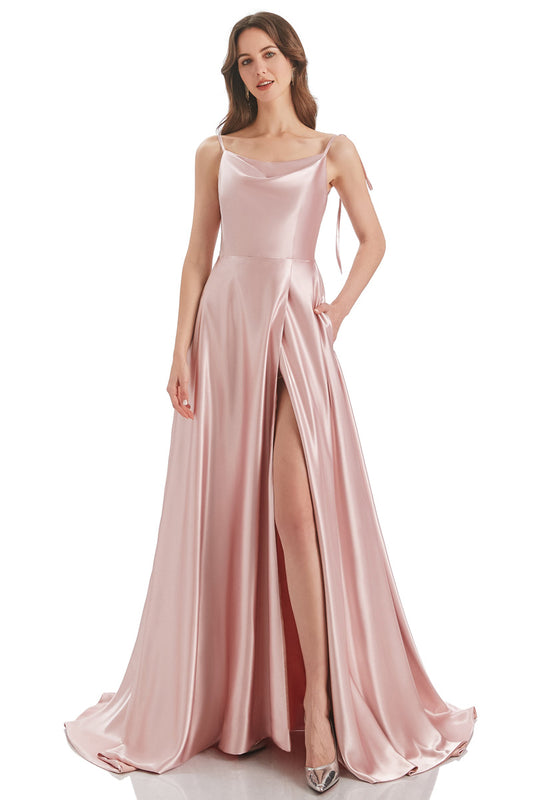 Pink A-Line Bateau Long Bridesmaid Dress With Slit