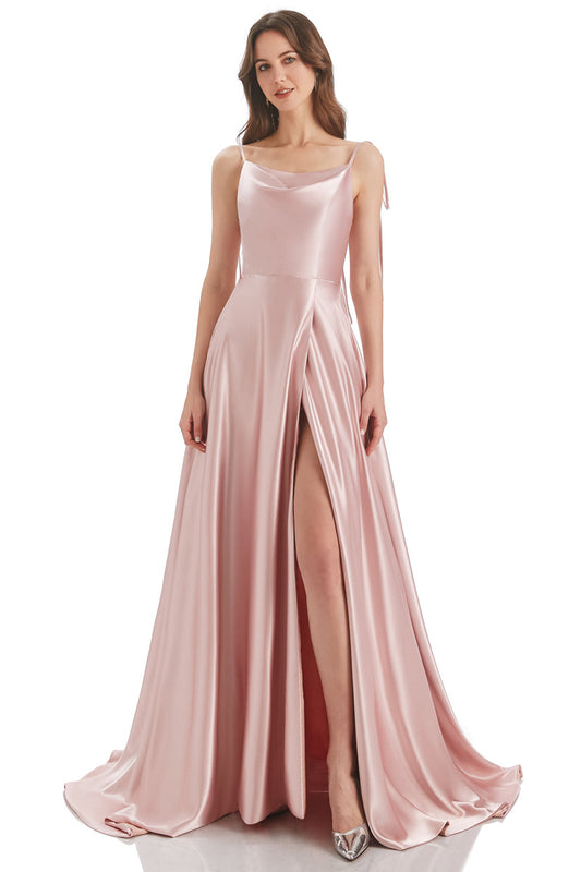 Pink A-Line Bateau Long Bridesmaid Dress With Slit