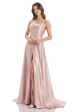 Pink A-Line Bateau Long Bridesmaid Dress With Slit