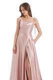 Pink A-Line Bateau Long Bridesmaid Dress With Slit