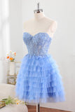 Blue A-Line Sweetheart Lace Up Short Tiered Tulle Homecoming Dress