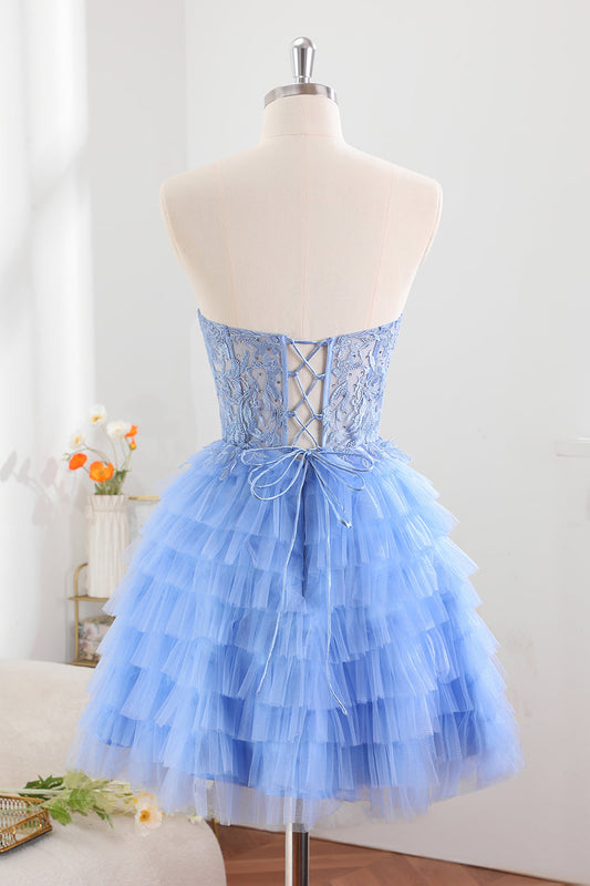 Blue A-Line Sweetheart Lace Up Short Tiered Tulle Homecoming Dress