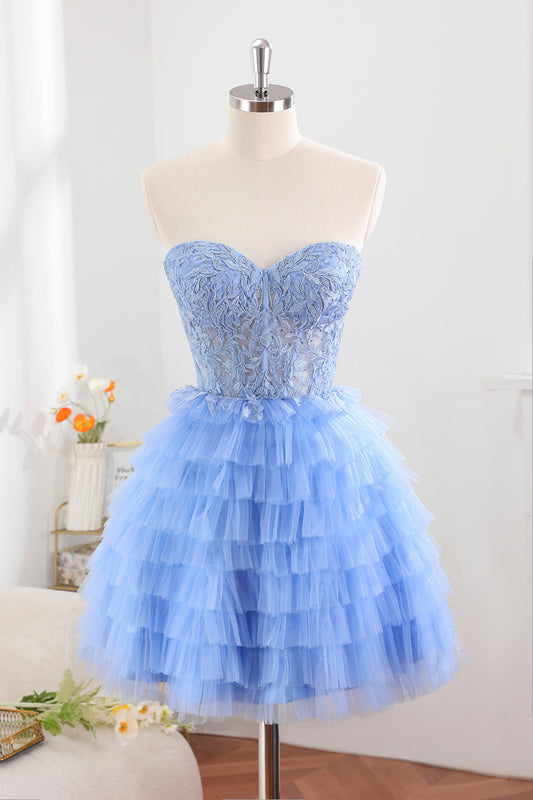 Blue A-Line Sweetheart Lace Up Short Tiered Tulle Homecoming Dress