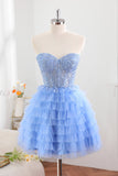 Blue A-Line Sweetheart Lace Up Short Tiered Tulle Homecoming Dress