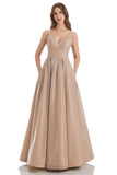 Champagne A-Line V-Neck Long Bridesmaid Dress