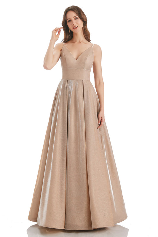 Champagne A-Line V-Neck Long Bridesmaid Dress