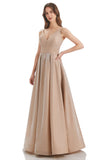 Champagne A-Line V-Neck Long Bridesmaid Dress