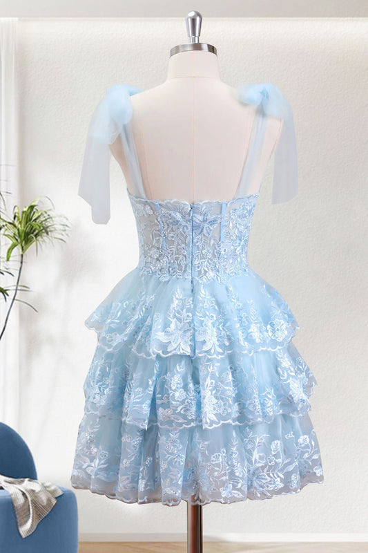 Sparkly Blue A-Line Spaghetti Straps Short Homecoming Dress With Appliques