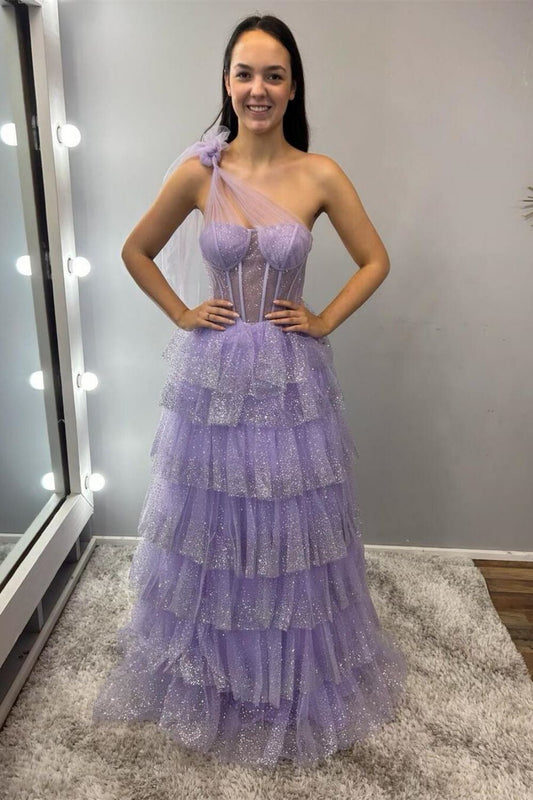 Charming A Line One Shoulder Purple Corset Prom Dress with Ruffles