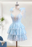 Sparkly Blue A-Line Spaghetti Straps Short Homecoming Dress With Appliques