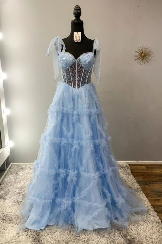 Princess A Line Spaghetti Straps Light Blue Corset Prom Dress with Beading