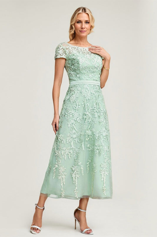 A-Line/Princess Tulle Lace Scoop Tea-Length Mother of the Bride Dresses