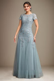 Blue A-Line Tulle Scoop Short Sleeves Floor-Length Mother of the Bride Dress With Applique Lace