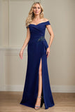 Navy Sheath Stretch Crepe Off-the-Shoulder Floor-Length Mother of the Bride Dress With Applique