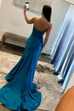 Navy Blue Sweetheart Mermaid Long Satin Prom Dress With Split