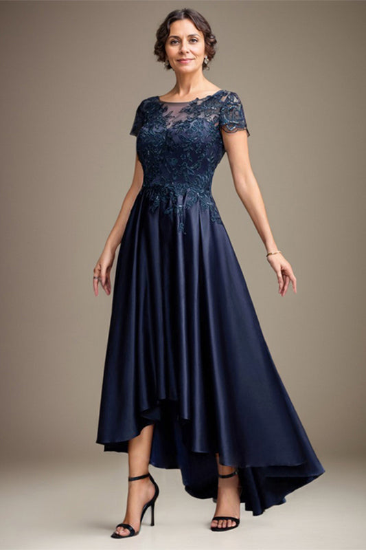 Navy A-Line Scoop Asymmetrical Satin Mother of the Bride Dress With Applique Lace