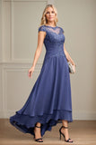 Navy A-Line/Princess Chiffon Scoop Short Sleeves Asymmetrical Mother of the Bride Dresses With Applique