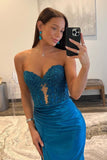 Navy Blue Sweetheart Mermaid Long Satin Prom Dress With Split