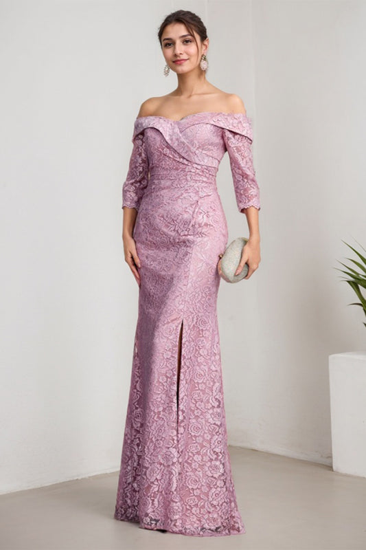 Purple Sheath/Column Satin Off-the-Shoulder 3/4 Sleeves Floor-Length Mother of the Bride Dress With Applique Lace