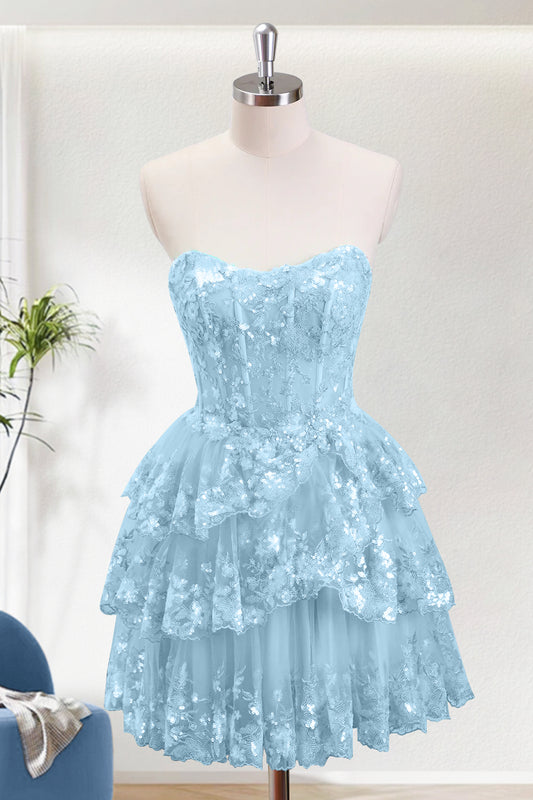 Sparkly Light Blue A-Line Strapless Short Homecoming Dress With Appliques