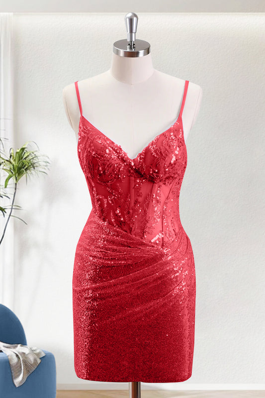 Red Mermaid Spaghetti Strap Sparkly Corset Homecoming Dress