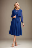 Blue A-Line Chiffon Lace Scoop Sleeveless Knee-Length Mother of the Bride Dress With Appliques