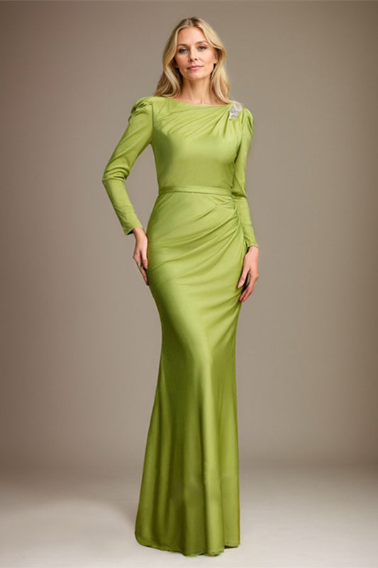 Green Sheath/Column Jersey Ruched Scoop Floor-Length Mother of the Bride Dress