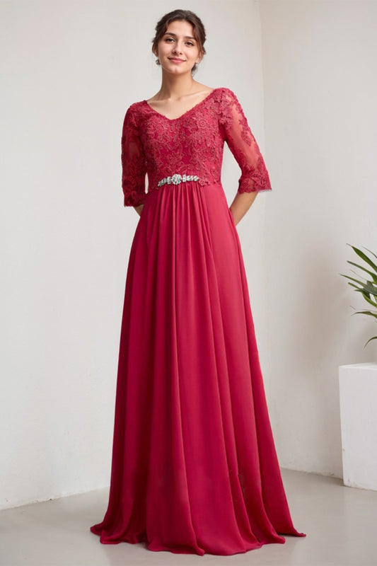 Red A-Line/Princess Chiffon Lace V-Neck Floor-Length Mother of the Bride Dress With Applique Beadings