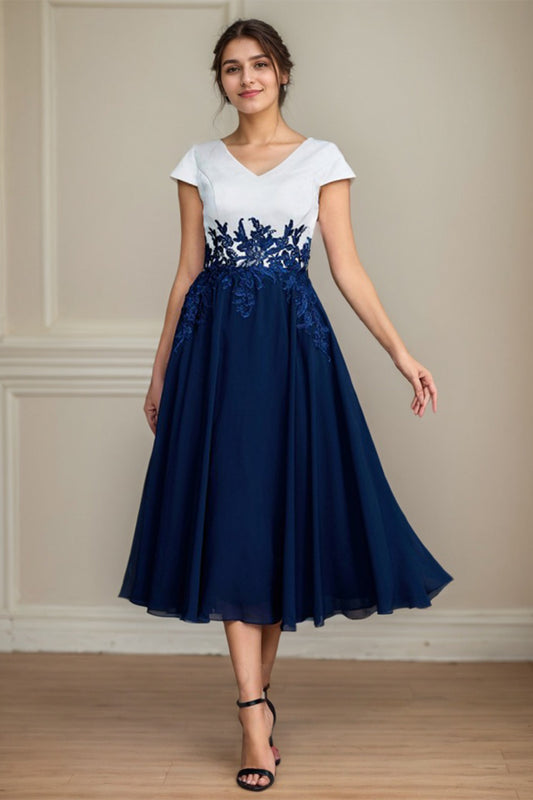 Navy A-Line/Princess Chiffon V-neck Tea-Length Mother of the Bride Dresses With Applique