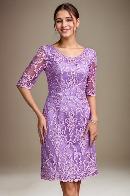 Purple Sheath/Column Chiffon V-Neck 1/2 Sleeves Short Mother of the Bride Dress With Applique Lace