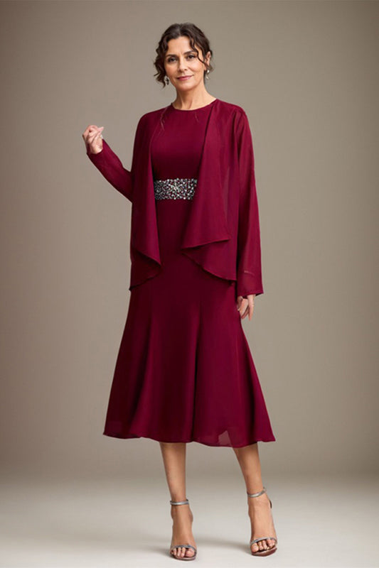 Burgundy Sheath/Column Chiffon Scoop Tea-Length Mother of the Bride Dress With Beading