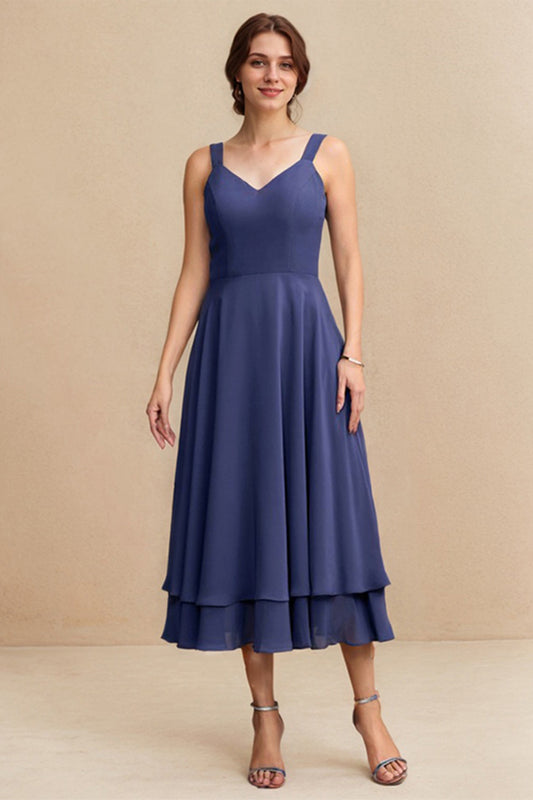 Navy A-Line/Princess Chiffon V-Neck Tea-Length Mother of the Bride Dress