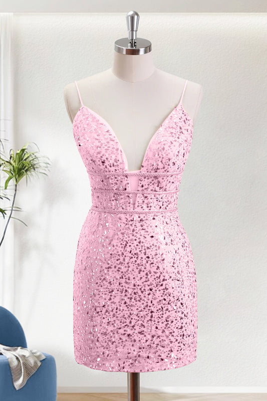 Pink Sequins Bodycon V-Neck Short Homecoming Dress