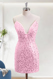 Pink Sequins Bodycon V-Neck Short Homecoming Dress