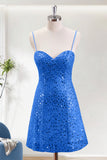 Beaded Blue Spaghetti Strap Homecoming Dress