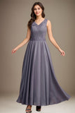 Grey A-Line/Princess Chiffon V-Neck Sleeveless Ankle-Length Mother of the Bride Dress With Applique Sequins