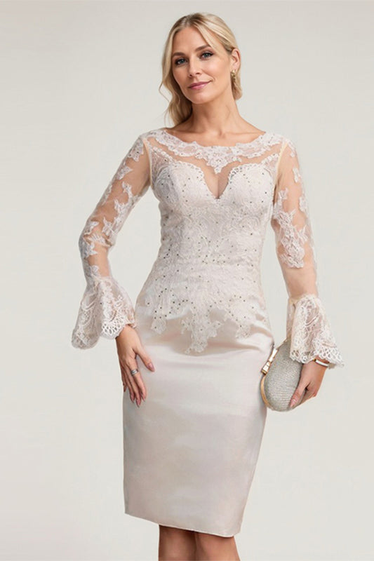 White Sheath/Column Satin Lace Scoop Long Sleeves Knee-Length Mother of the Bride Dress