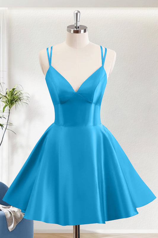 Blue A-Line V-Neck Short Homecoming Dress