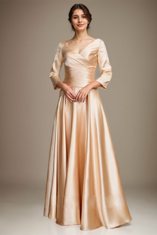 Champagne A-Line/Princess Elastic Woven Satin Ruched V-Neck Ankle-Length Mother of the Bride Dress