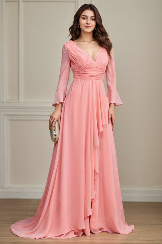 Pink A-Line/Princess Chiffon Ruched V-neck Sweep/Brush Train Mother of the Bride Dress With Ruffles