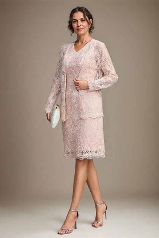 Pink Sheath/Column Silk Like Satin Lace V-Neck Knee-Length Mother of the Bride Dress