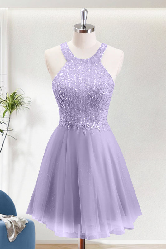 Lilac Sparkly Halter A Line Short Homecoming Dress