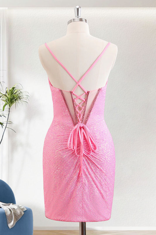 Pink Bodycon Spaghetti Straps Short Corset Homecoming Dress