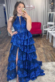 Gorgeous A Line Halter Neck Royal Blue Corset Prom Dress with Lace Ruffles