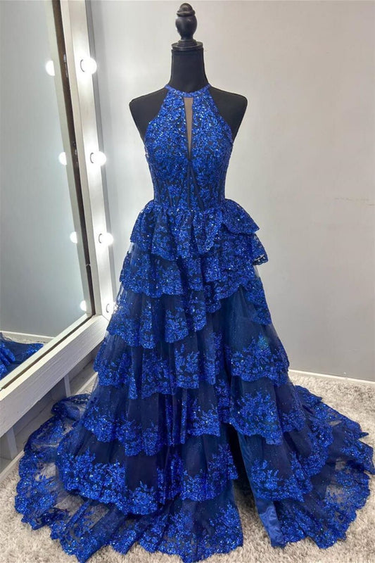 Gorgeous A Line Halter Neck Royal Blue Corset Prom Dress with Lace Ruffles